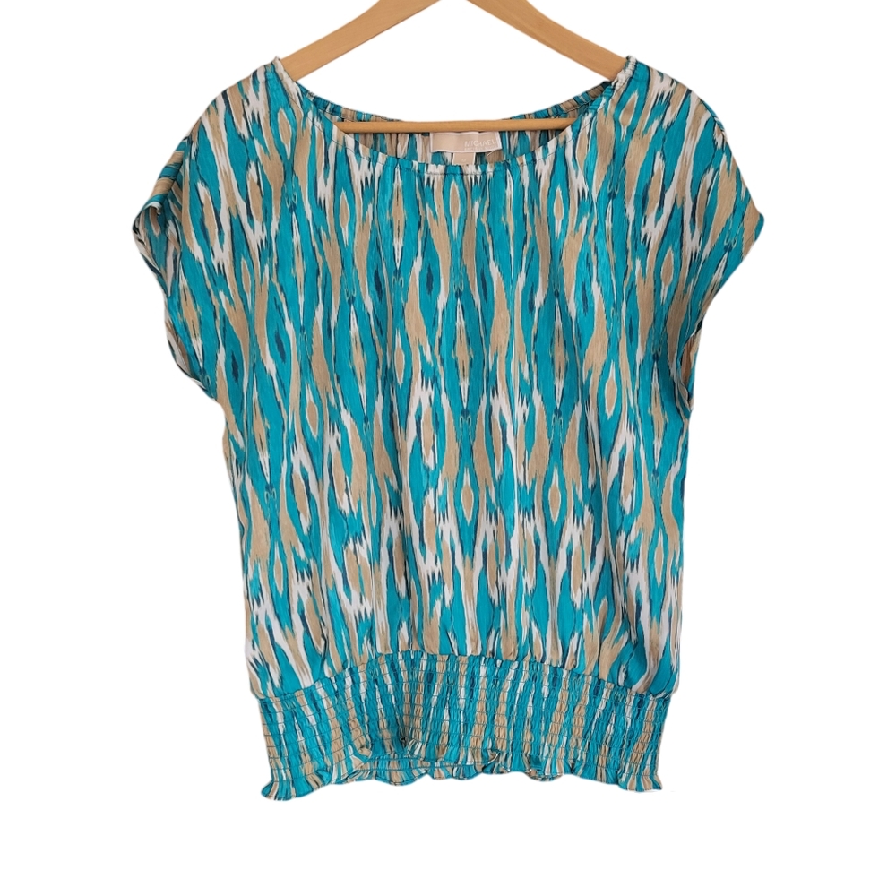Michael Kors Top Size M Blue Brown Striped Round Neck Cap Sleeve Elastic Hem